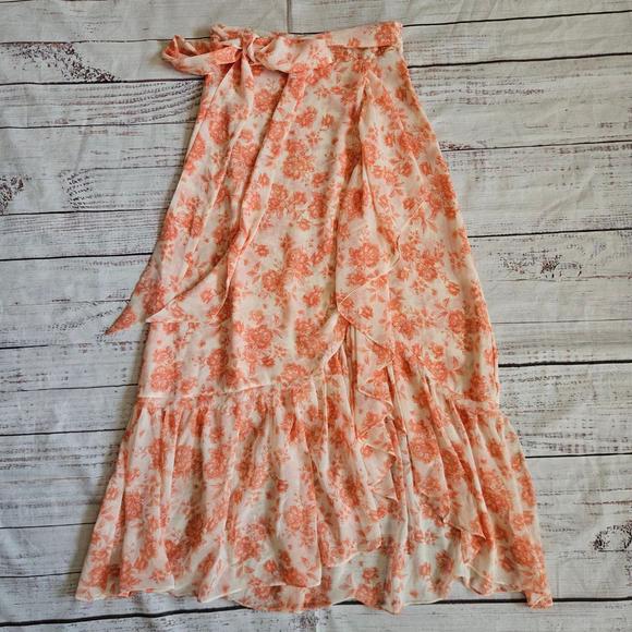 Misa Los Angeles Peach Floral Ruffle Tiered Slit Midi Skirt Womens XS - Picture 1 of 7